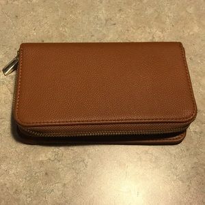 Faux Leather Zip Around Wallet in brown